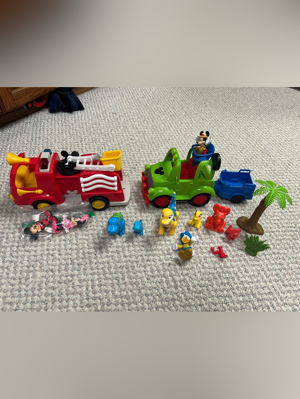 Disney Mickey Mouse Rescue Vehicle Playset with Red Fire Truck & Green Jeep
